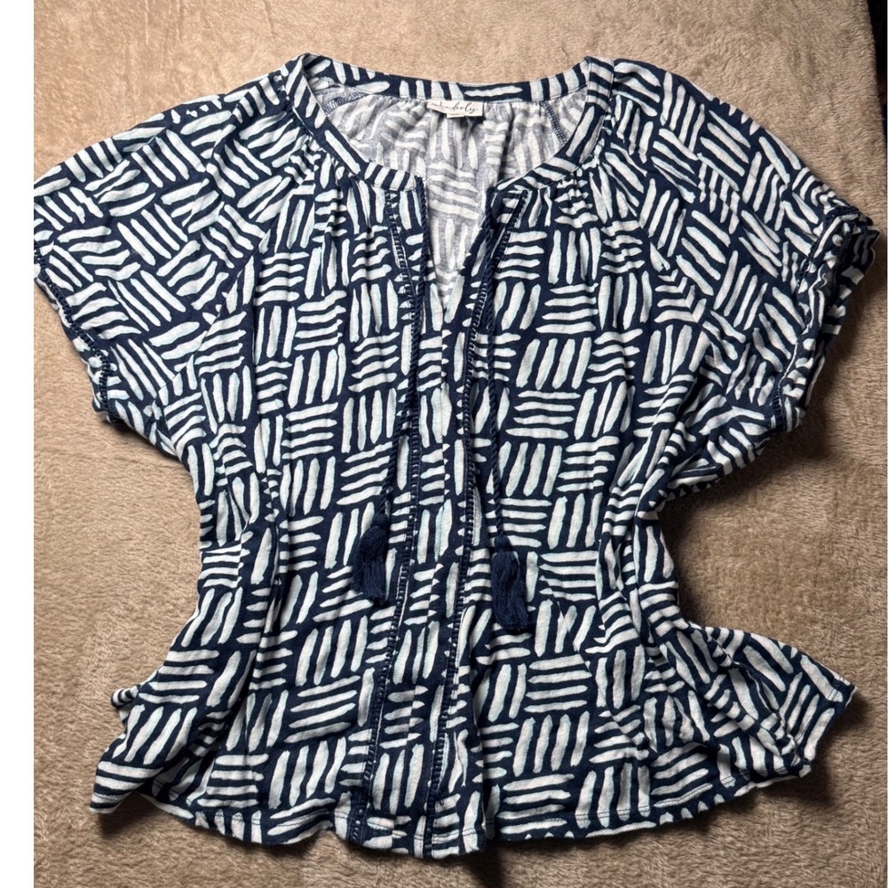 Wonderly‎ Womens XXL  Geometric Cotton/Linen Peasant Top Coastal Nautical Summer